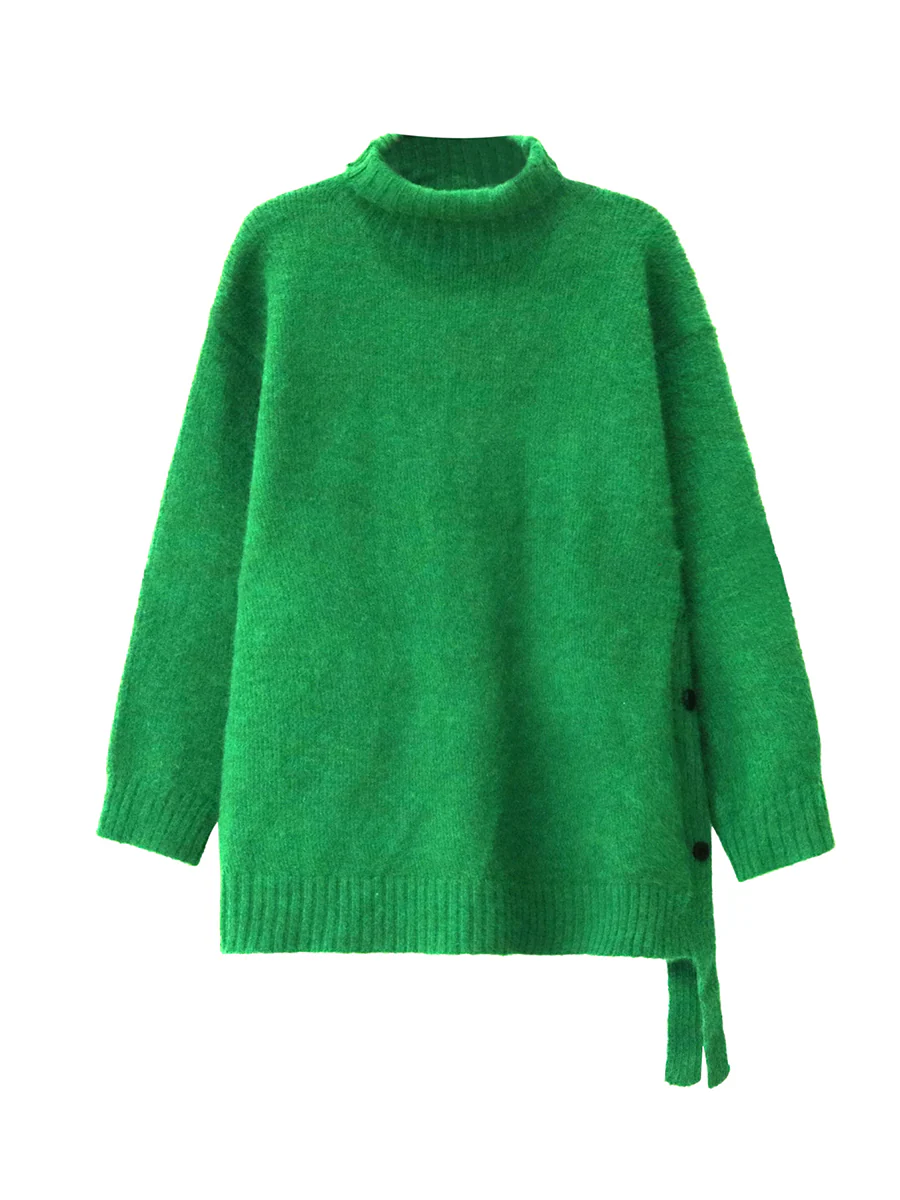 Irregularity Long Sleeves Buttoned Ribs Solid Color Split-Joint High Neck Sweater Tops - Image 14