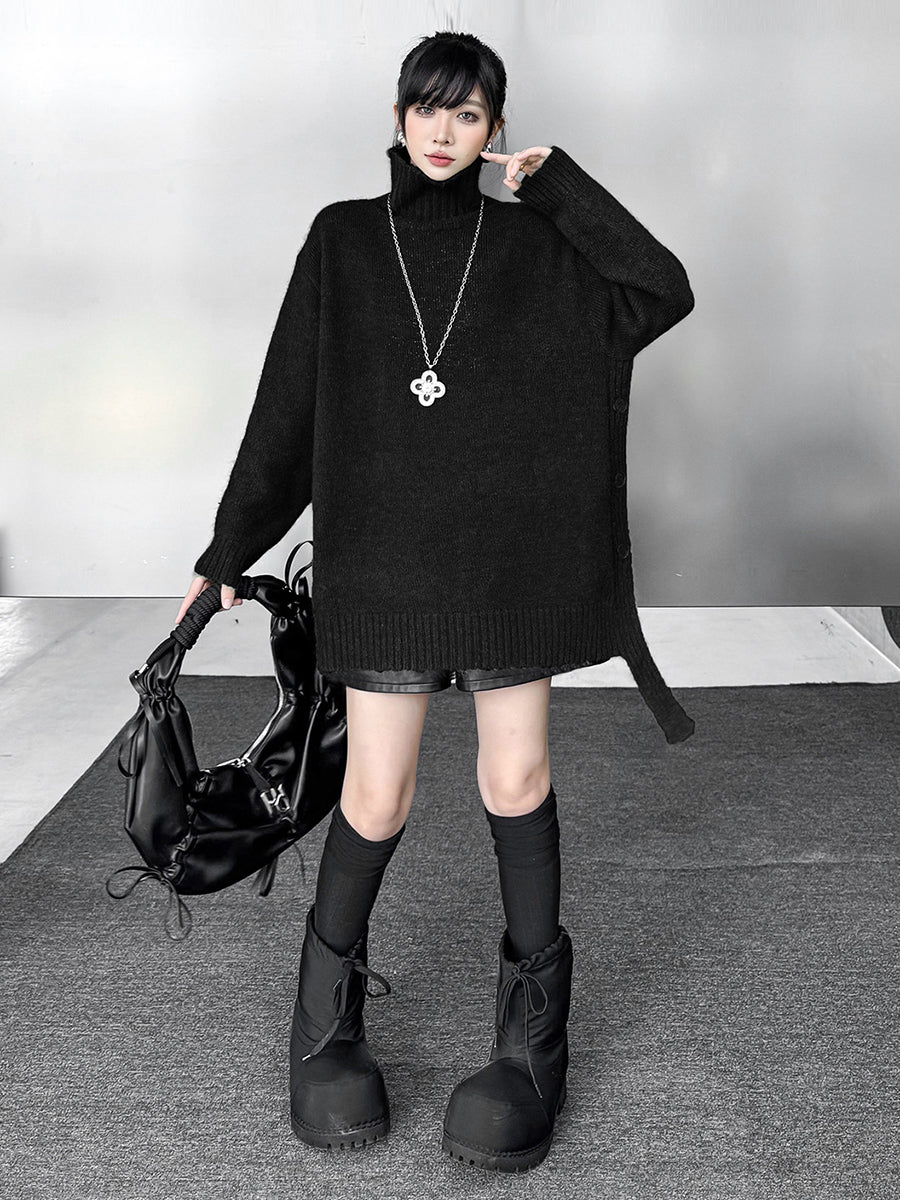 Irregularity Long Sleeves Buttoned Ribs Solid Color Split-Joint High Neck Sweater Tops - Image 2