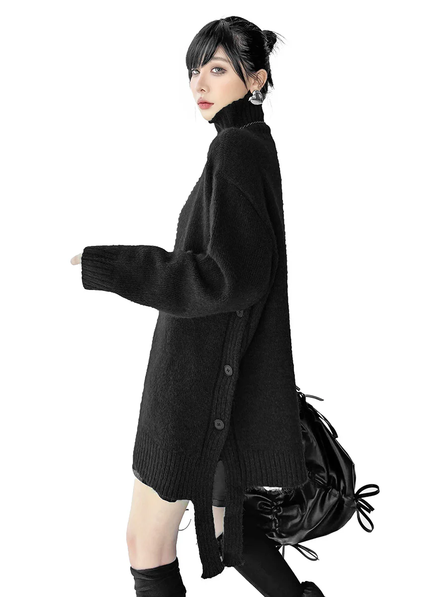 Irregularity Long Sleeves Buttoned Ribs Solid Color Split-Joint High Neck Sweater Tops - Image 3