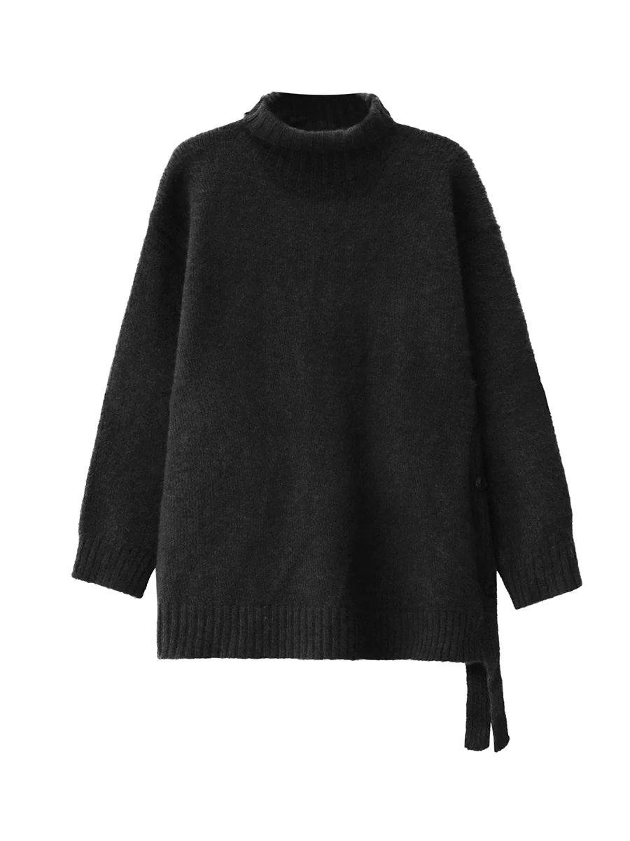 Irregularity Long Sleeves Buttoned Ribs Solid Color Split-Joint High Neck Sweater Tops - Image 4