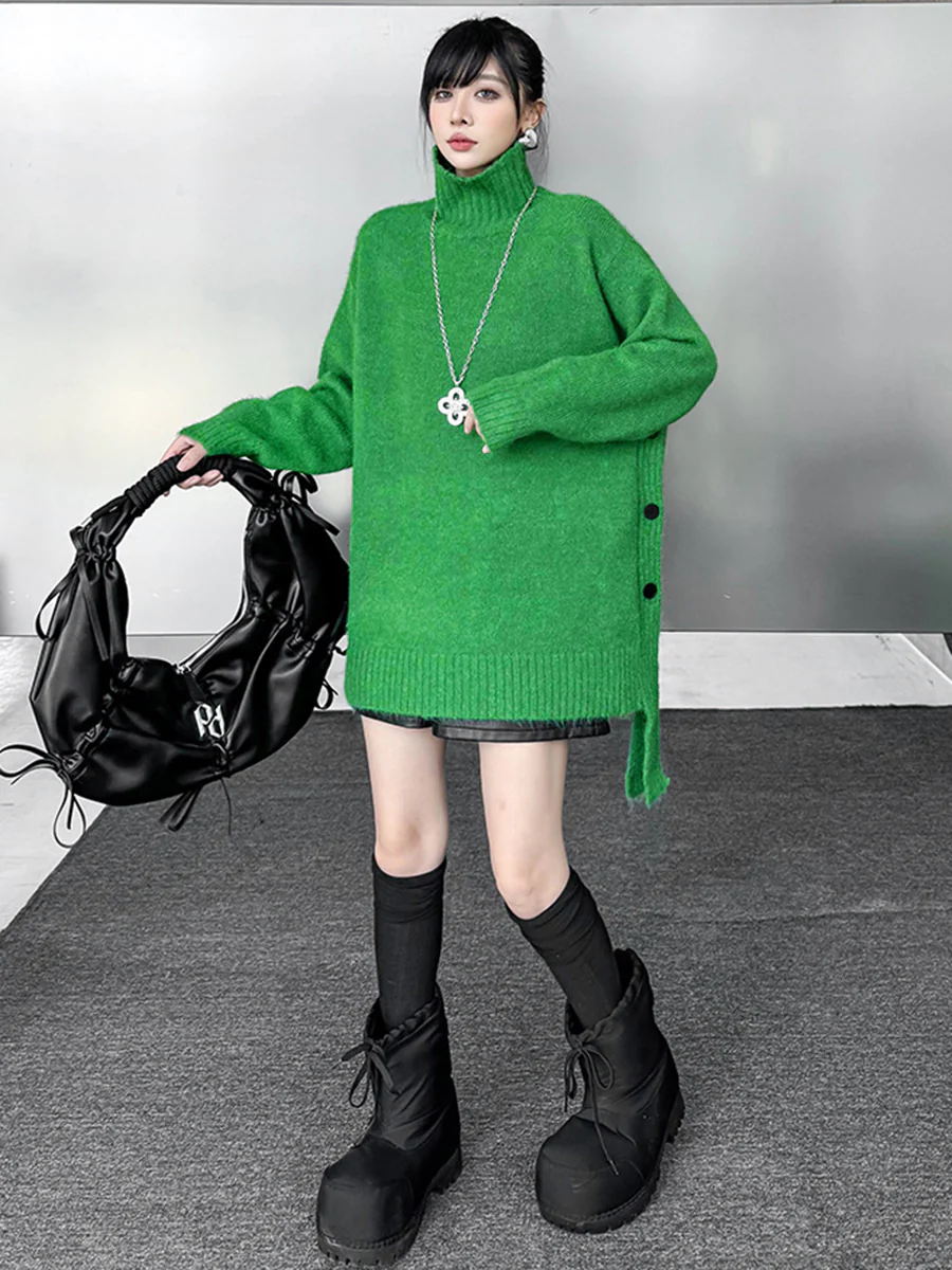 Irregularity Long Sleeves Buttoned Ribs Solid Color Split-Joint High Neck Sweater Tops - Image 5