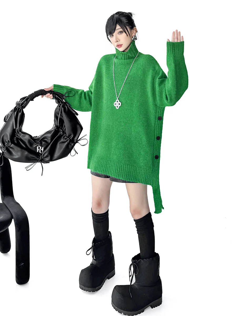 Irregularity Long Sleeves Buttoned Ribs Solid Color Split-Joint High Neck Sweater Tops - Image 6