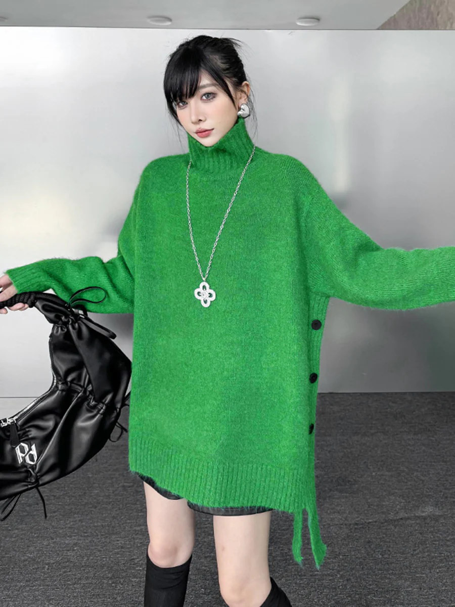 Irregularity Long Sleeves Buttoned Ribs Solid Color Split-Joint High Neck Sweater Tops - Image 7