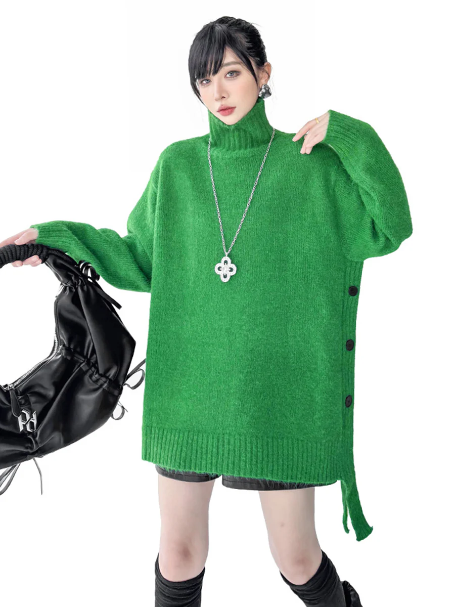 Irregularity Long Sleeves Buttoned Ribs Solid Color Split-Joint High Neck Sweater Tops - Image 8
