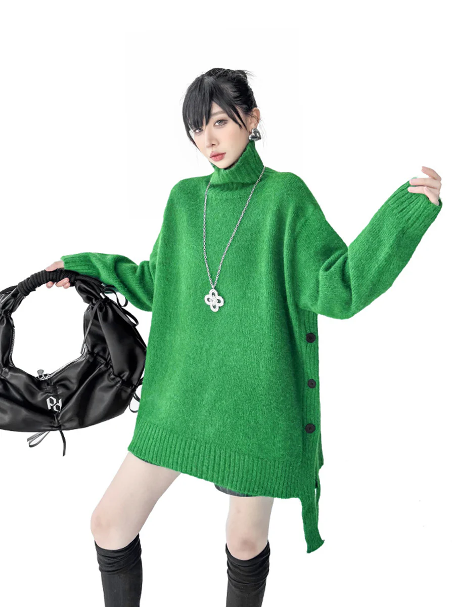 Irregularity Long Sleeves Buttoned Ribs Solid Color Split-Joint High Neck Sweater Tops - Image 9