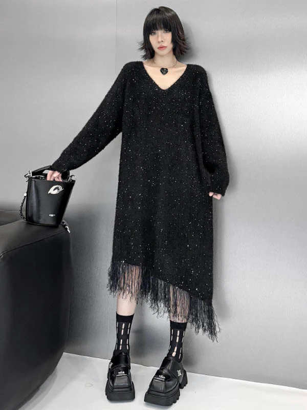 Irregularity Long Sleeves Contrast Color Sequined Shiny Split-Joint Tasseled V-Neck Midi Dresses Sweater Dresses - Image 10