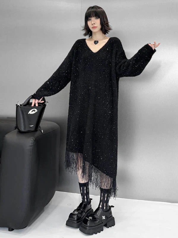 Irregularity Long Sleeves Contrast Color Sequined Shiny Split-Joint Tasseled V-Neck Midi Dresses Sweater Dresses - Image 11