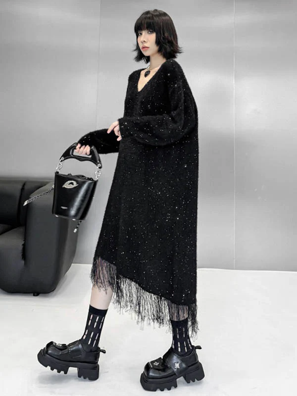 Irregularity Long Sleeves Contrast Color Sequined Shiny Split-Joint Tasseled V-Neck Midi Dresses Sweater Dresses - Image 12