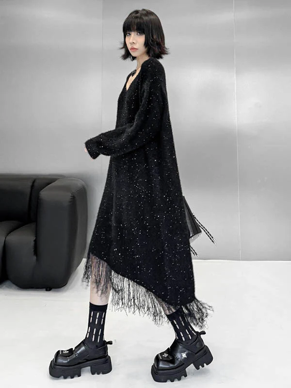 Irregularity Long Sleeves Contrast Color Sequined Shiny Split-Joint Tasseled V-Neck Midi Dresses Sweater Dresses - Image 13