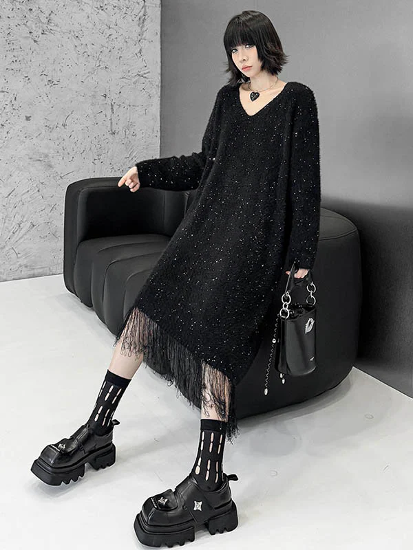 Irregularity Long Sleeves Contrast Color Sequined Shiny Split-Joint Tasseled V-Neck Midi Dresses Sweater Dresses - Image 14