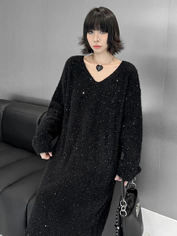 Irregularity Long Sleeves Contrast Color Sequined Shiny Split-Joint Tasseled V-Neck Midi Dresses Sweater Dresses - Image 15