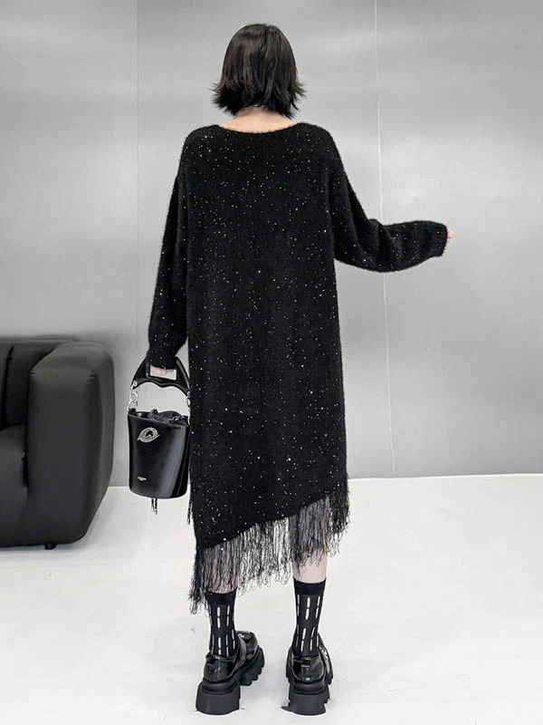 Irregularity Long Sleeves Contrast Color Sequined Shiny Split-Joint Tasseled V-Neck Midi Dresses Sweater Dresses - Image 16