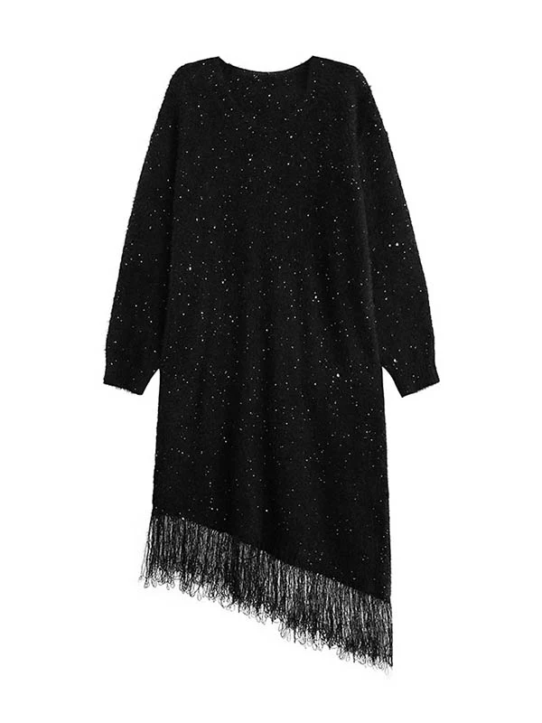 Irregularity Long Sleeves Contrast Color Sequined Shiny Split-Joint Tasseled V-Neck Midi Dresses Sweater Dresses - Image 17