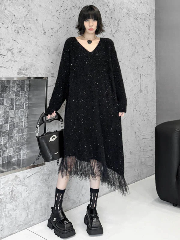 Irregularity Long Sleeves Contrast Color Sequined Shiny Split-Joint Tasseled V-Neck Midi Dresses Sweater Dresses - Image 2
