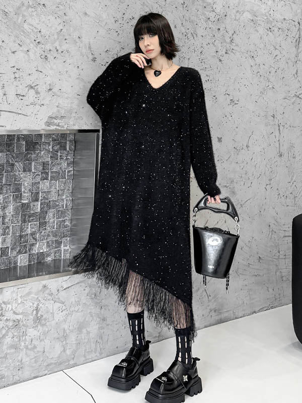 Irregularity Long Sleeves Contrast Color Sequined Shiny Split-Joint Tasseled V-Neck Midi Dresses Sweater Dresses - Image 3