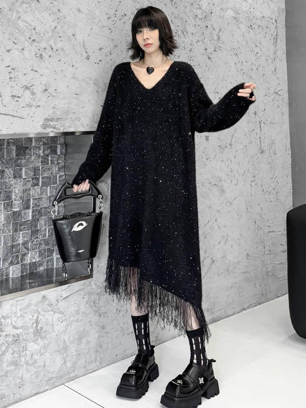 Irregularity Long Sleeves Contrast Color Sequined Shiny Split-Joint Tasseled V-Neck Midi Dresses Sweater Dresses - Image 4