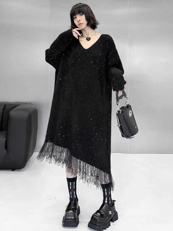 Irregularity Long Sleeves Contrast Color Sequined Shiny Split-Joint Tasseled V-Neck Midi Dresses Sweater Dresses - Image 5