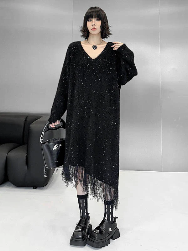 Irregularity Long Sleeves Contrast Color Sequined Shiny Split-Joint Tasseled V-Neck Midi Dresses Sweater Dresses - Image 6