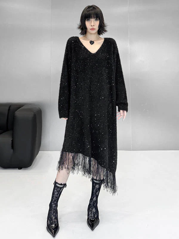 Irregularity Long Sleeves Contrast Color Sequined Shiny Split-Joint Tasseled V-Neck Midi Dresses Sweater Dresses - Image 7