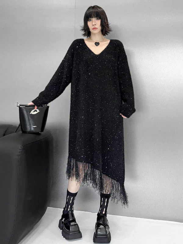 Irregularity Long Sleeves Contrast Color Sequined Shiny Split-Joint Tasseled V-Neck Midi Dresses Sweater Dresses - Image 8
