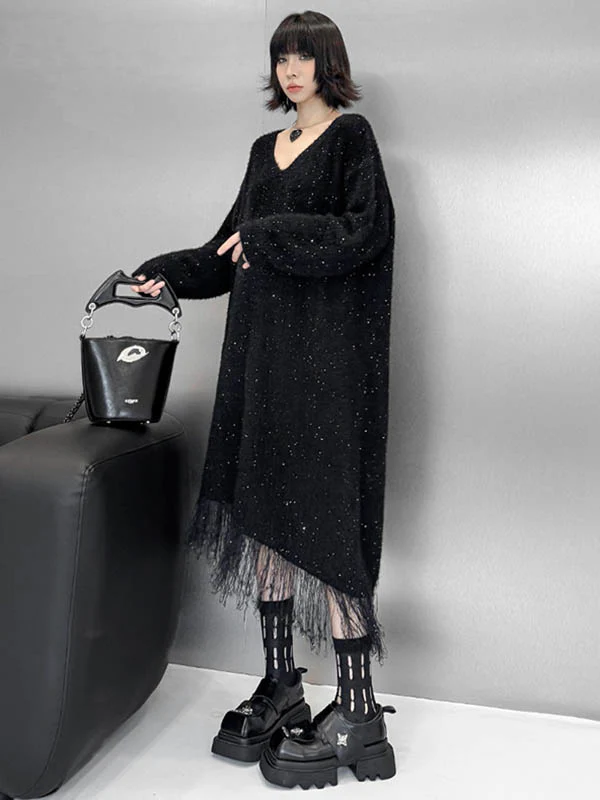 Irregularity Long Sleeves Contrast Color Sequined Shiny Split-Joint Tasseled V-Neck Midi Dresses Sweater Dresses - Image 9