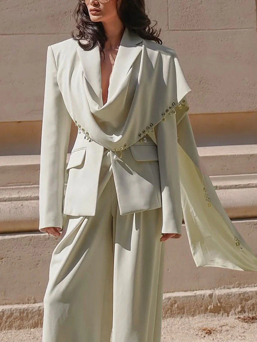 Irregularity Long Sleeves Pockets Solid Color Split-Joint Notched Collar Blazer Outerwear - Image 2