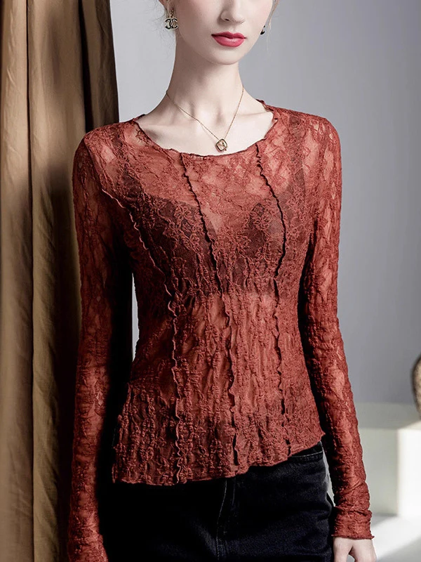 Irregularity Long Sleeves See-Through Split-Joint Textured Round-Neck T-Shirts Tops - Image 2
