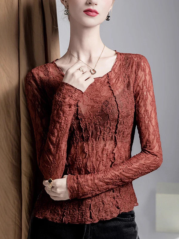 Irregularity Long Sleeves See-Through Split-Joint Textured Round-Neck T-Shirts Tops - Image 3