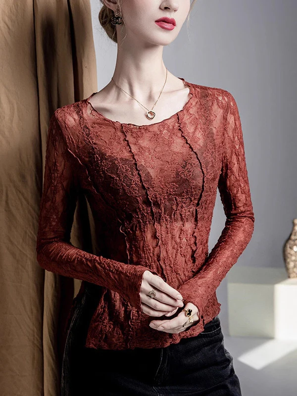 Irregularity Long Sleeves See-Through Split-Joint Textured Round-Neck T-Shirts Tops - Image 4