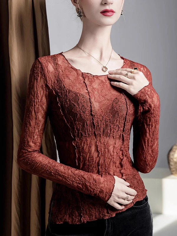 Irregularity Long Sleeves See-Through Split-Joint Textured Round-Neck T-Shirts Tops - Image 5