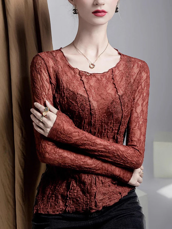 Irregularity Long Sleeves See-Through Split-Joint Textured Round-Neck T-Shirts Tops - Image 6