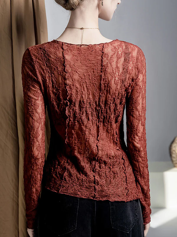 Irregularity Long Sleeves See-Through Split-Joint Textured Round-Neck T-Shirts Tops - Image 7