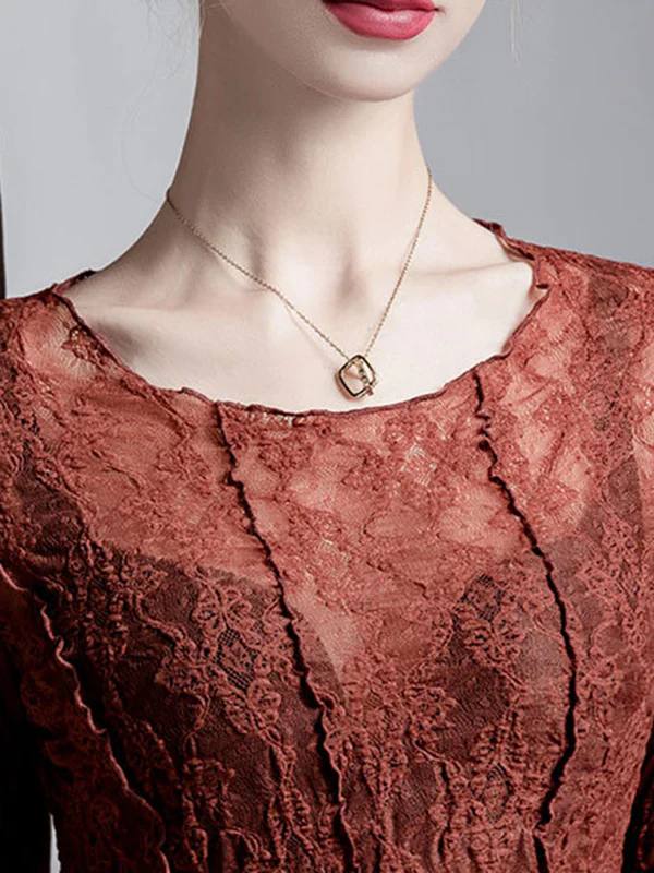 Irregularity Long Sleeves See-Through Split-Joint Textured Round-Neck T-Shirts Tops - Image 8