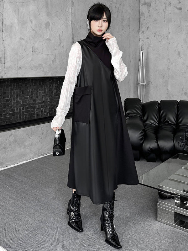 Irregularity Loose Asymmetric Buttoned Solid Color Split-Joint High Neck Midi Dresses - Image 10