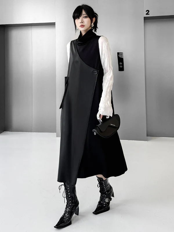 Irregularity Loose Asymmetric Buttoned Solid Color Split-Joint High Neck Midi Dresses - Image 11