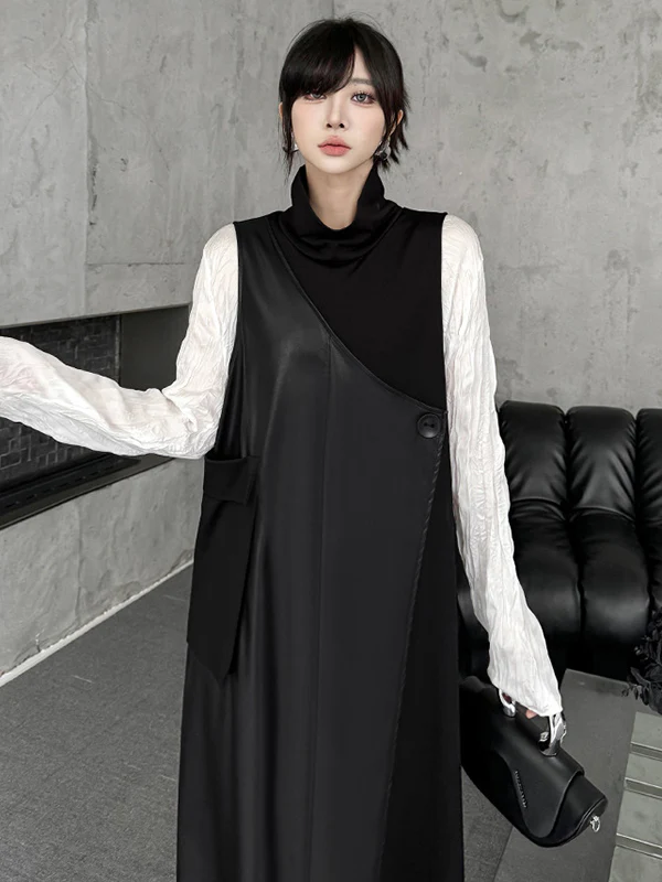 Irregularity Loose Asymmetric Buttoned Solid Color Split-Joint High Neck Midi Dresses - Image 12