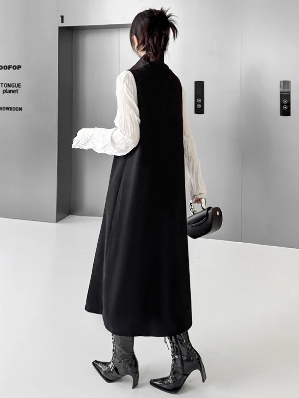 Irregularity Loose Asymmetric Buttoned Solid Color Split-Joint High Neck Midi Dresses - Image 13
