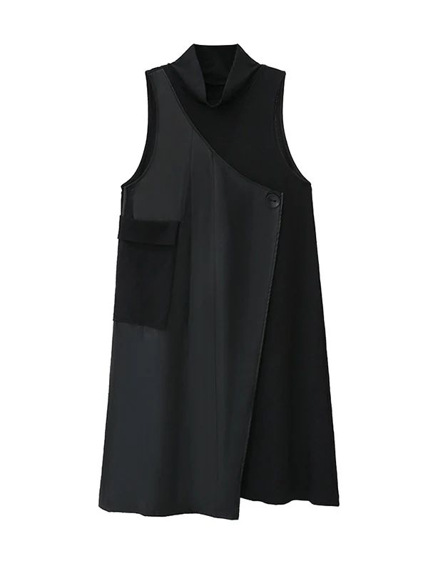 Irregularity Loose Asymmetric Buttoned Solid Color Split-Joint High Neck Midi Dresses - Image 14