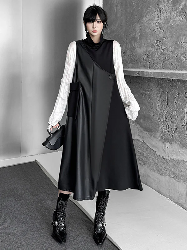 Irregularity Loose Asymmetric Buttoned Solid Color Split-Joint High Neck Midi Dresses - Image 2