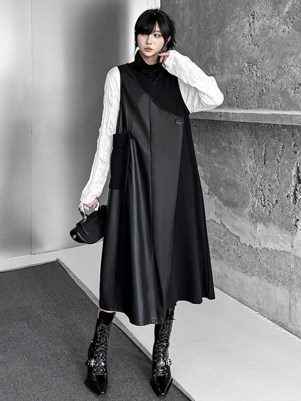 Irregularity Loose Asymmetric Buttoned Solid Color Split-Joint High Neck Midi Dresses - Image 3