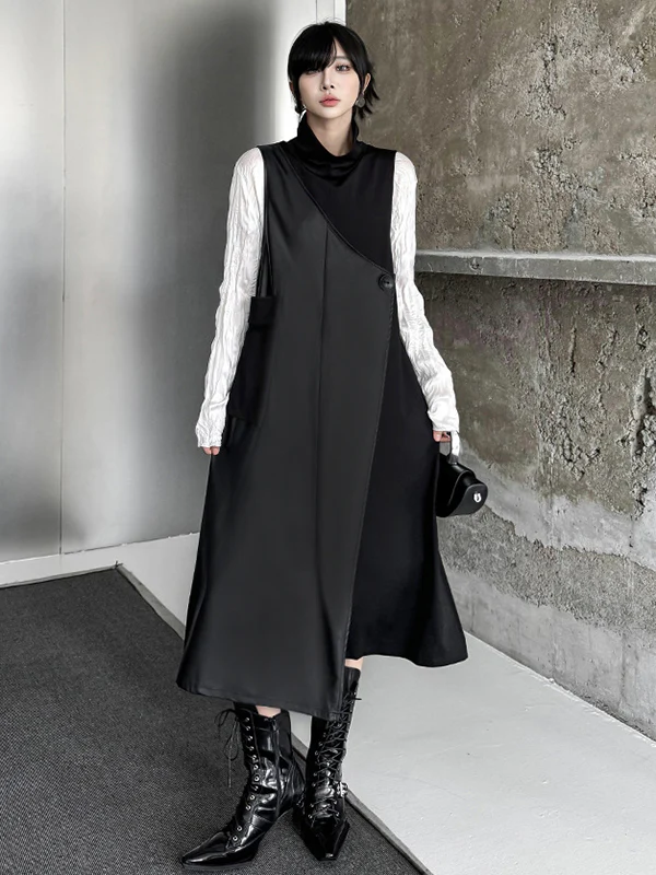 Irregularity Loose Asymmetric Buttoned Solid Color Split-Joint High Neck Midi Dresses - Image 4