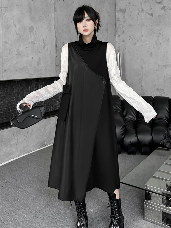 Irregularity Loose Asymmetric Buttoned Solid Color Split-Joint High Neck Midi Dresses - Image 5