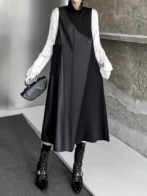 Irregularity Loose Asymmetric Buttoned Solid Color Split-Joint High Neck Midi Dresses - Image 6