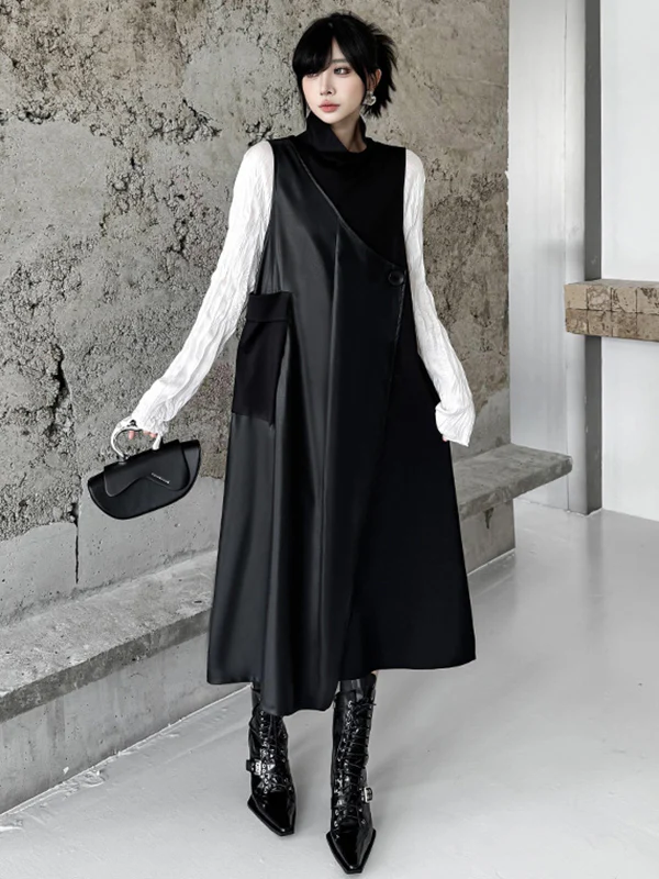 Irregularity Loose Asymmetric Buttoned Solid Color Split-Joint High Neck Midi Dresses - Image 7