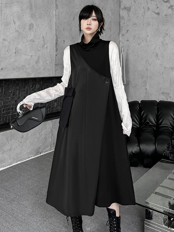Irregularity Loose Asymmetric Buttoned Solid Color Split-Joint High Neck Midi Dresses - Image 8