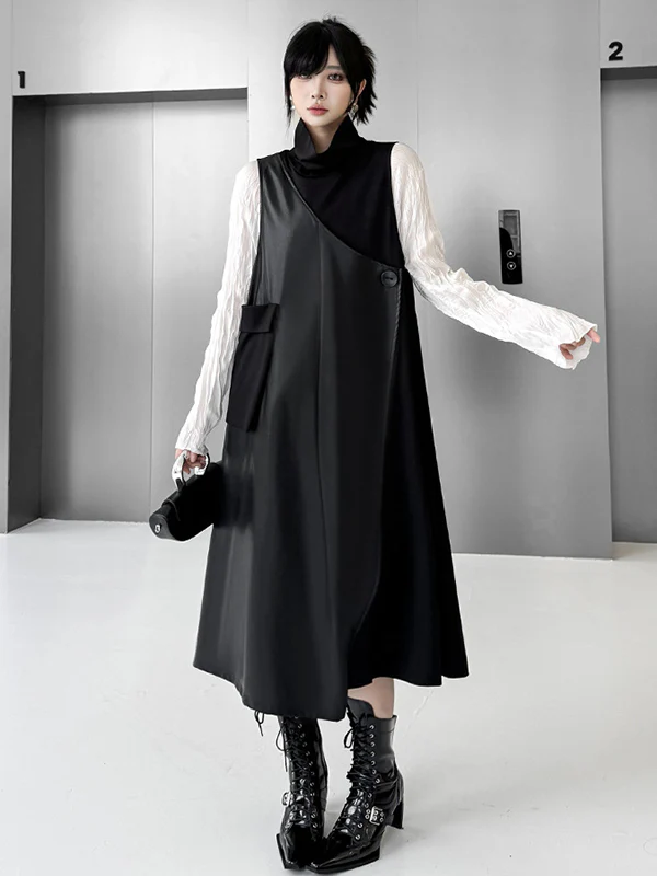 Irregularity Loose Asymmetric Buttoned Solid Color Split-Joint High Neck Midi Dresses - Image 9