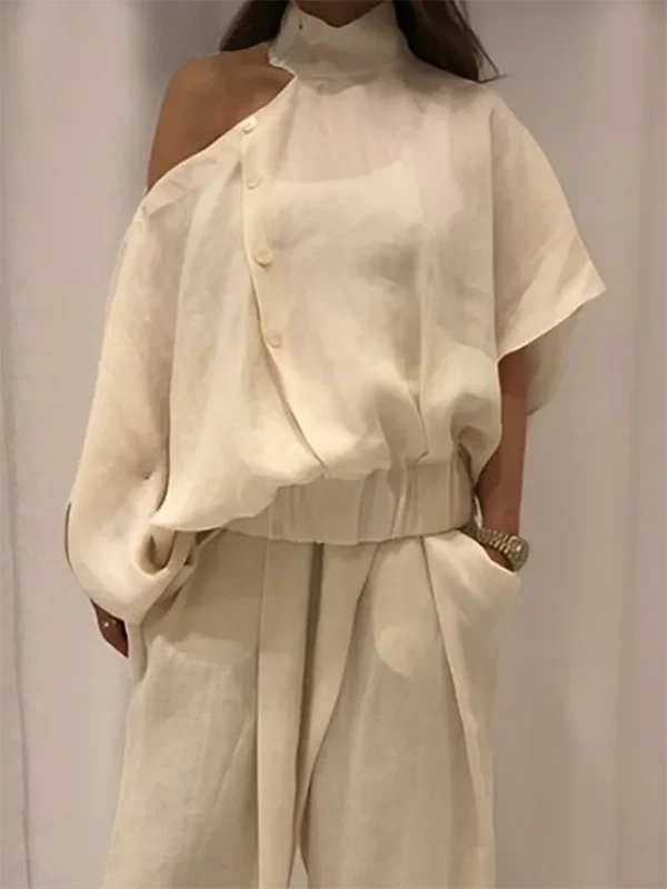 Irregularity Loose Hollow Solid Color Cold Shoulder Blouses&Shirts Tops - Image 2