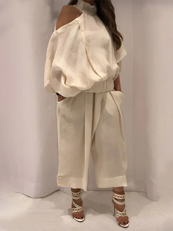 Irregularity Loose Hollow Solid Color Cold Shoulder Blouses&Shirts Tops - Image 4