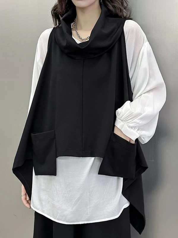 Irregularity Loose Pockets Solid Color Heaps Collar T-Shirts Vest Top