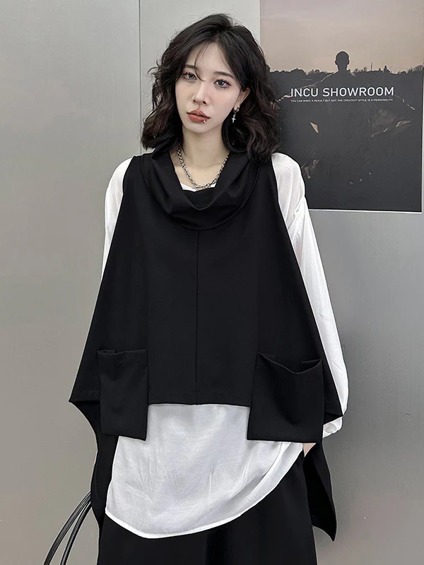 Irregularity Loose Pockets Solid Color Heaps Collar T-Shirts Vest Top - Image 10